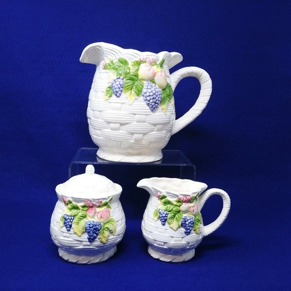 Pitcher Sugar Creamer Set Basket Weave Fruit Pattern Interpur Int'l Ceramic - Picture 1 of 11